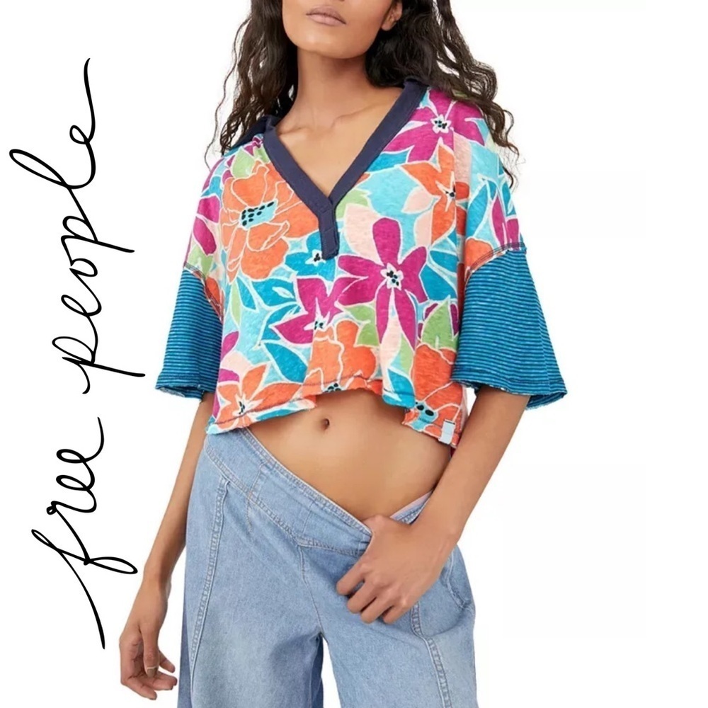 Nwt Free People On a Boat Cropped Boxy Polo in Coastal Floral Combo Size Medium​